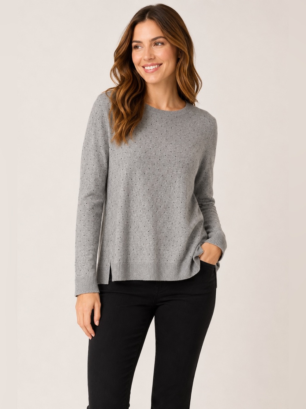 LOFT Outlet Gray Black‎ Polka Dot Crew Neck Sweater Soft Knit Size Large Minimal